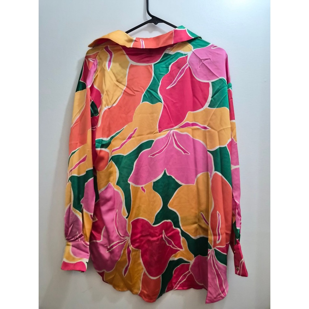 Entro NWT Womens Pink Orange Floral Oversized Long Sleeve Button Down Shirt S - Picture 2 of 3